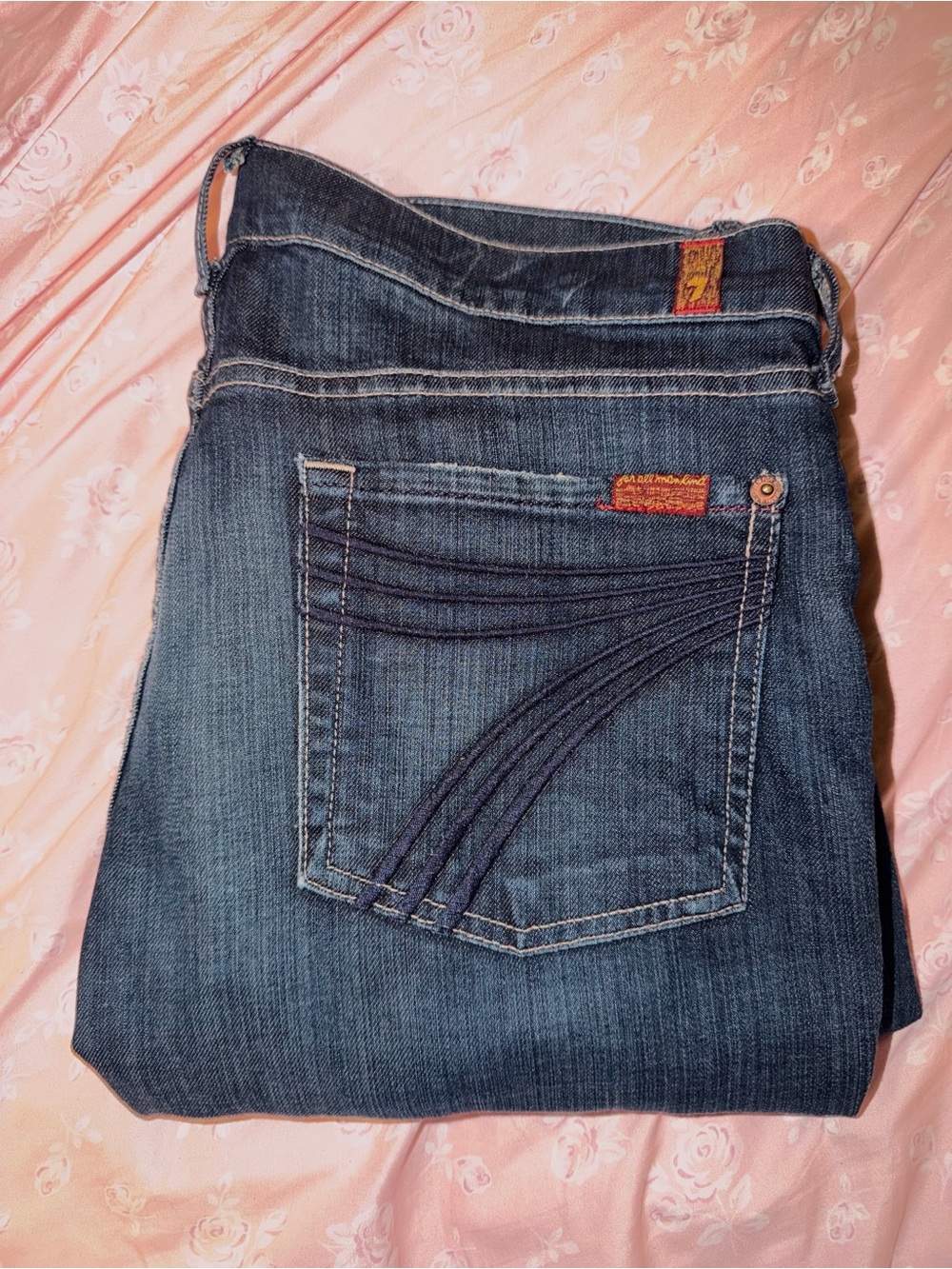 7 For All Mankind Dark Blue Denim Jeans with Signature Pocket Stitching